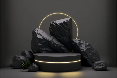 3d render, abstract minimal display podium for product presentation, empty round stage with neon lightsの素材