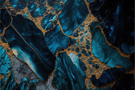Abstract blue and gold marble texture background. Fluid art painting.の素材