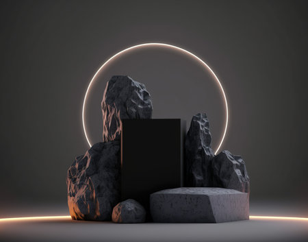 Minimal scene with black podium and neon light. 3D renderingの素材