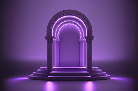 3d render of purple podium with arch, columns and neon lightsの素材