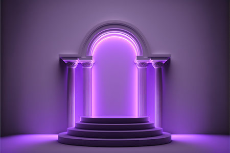 Purple podium with arch and columns illuminated by ultraviolet light. Vector illustration.の素材
