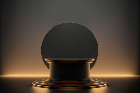 Black round podium on dark background. Mock up. 3D renderingの素材