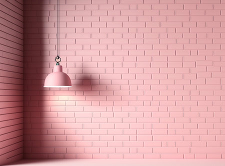 3d render of a pink wall with a lamp hanging on itの素材