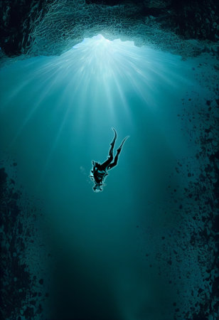 Silhouette of a diver swimming underwater in a dark blue seaの素材