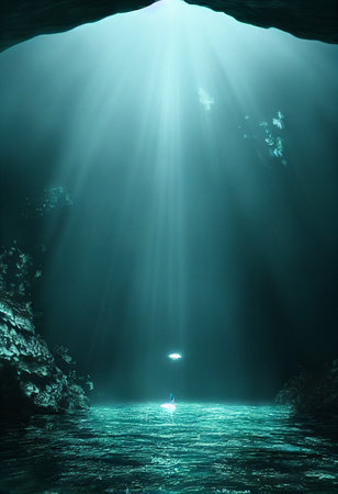 Underwater view of a cave with light rays coming through the waterの素材