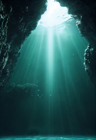 Underwater view of a cave with sun rays coming out of the waterの素材