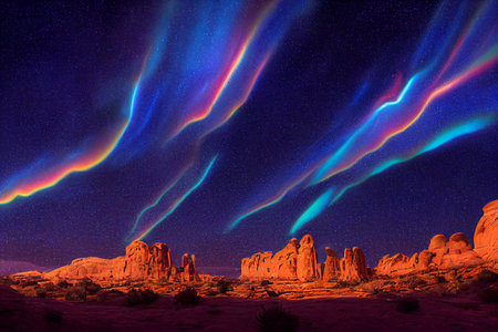Aurora borealis in the sky over rock formations in Monument Valley, Arizonaの素材