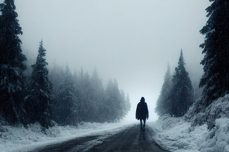 Woman walking on the road in the winter forest with heavy snowfallの素材