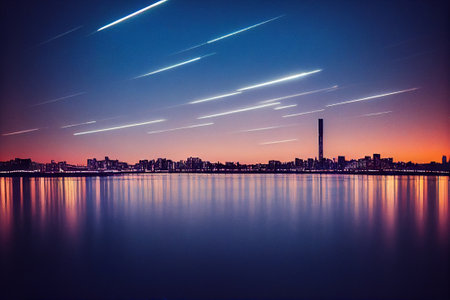 Beautiful night view of the city from the sea. Long exposure.の素材