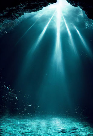 Underwater view of a cave with light rays coming out of itの素材