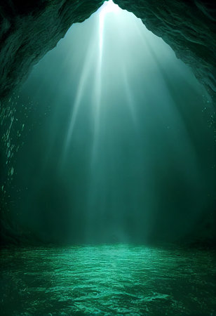 Underwater cave with light rays coming out of the cave. 3d renderingの素材