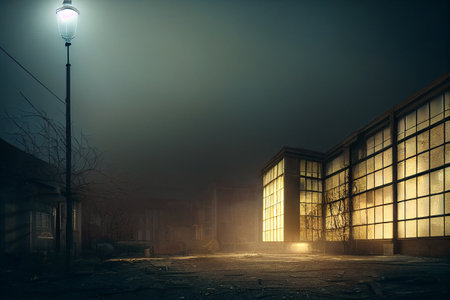 Abandoned factory building in foggy night. 3D renderingの素材