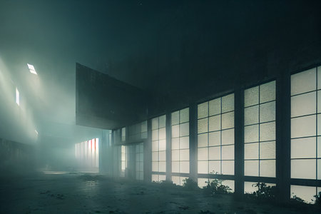 Abandoned factory interior with fog and light. 3d renderingの素材