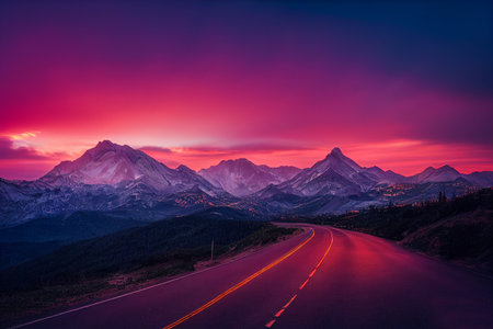 Mountain road at sunset in Grand Teton National Park, Wyoming, USA.の素材