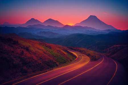 Mountain road at sunset. Colorful summer landscape with mountains and roadの素材