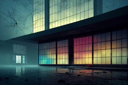 3D rendering of an abandoned factory building with windows in the fogの素材