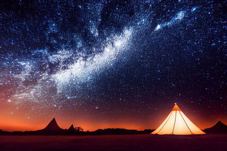 Night sky with stars and a tent. Elements of this image furnished by NASAの素材