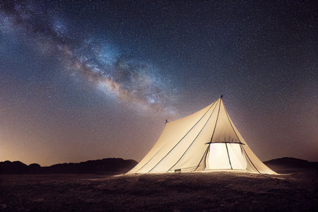 Tent in the desert at night with milky way and starsの素材