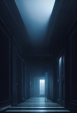 Dark corridor with light coming through the door, illustration.の素材