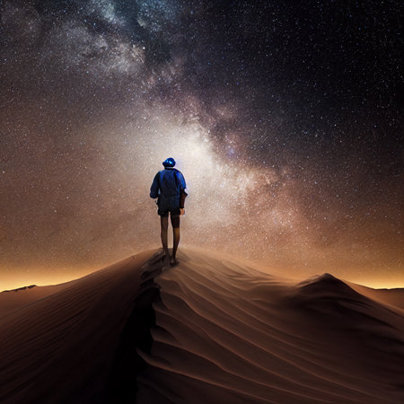 Hiker in the desert with starry sky and milky wayの素材