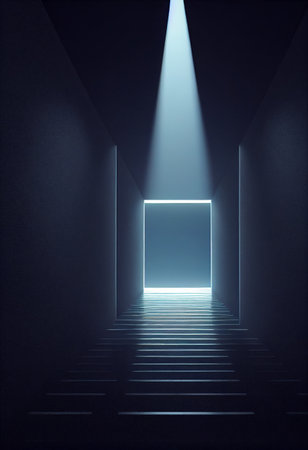 Illuminated corridor with stairs leading to door.の素材