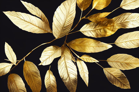 Golden leaves on a black background. 3d illustration.の素材