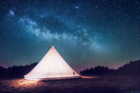 Tourist tent in the night sky with stars and milky wayの素材