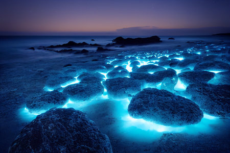 Beautiful seascape with blue sky and glowing rocks in foregroundの素材