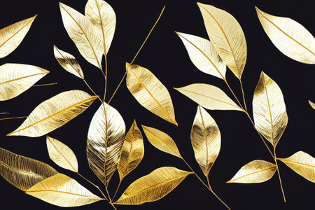 Golden leaves seamless pattern on black background. 3d render illustration.の素材