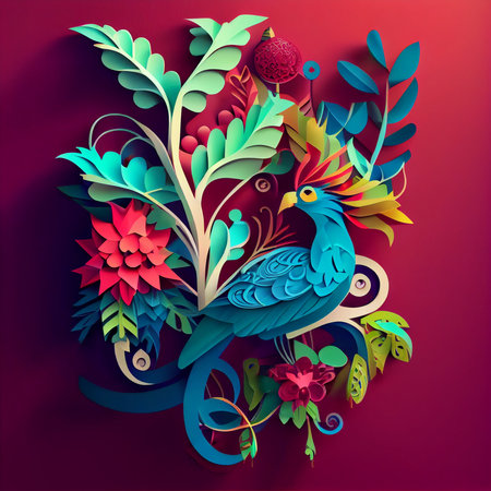 illustration of a bird on a background of flowers and leaves.の素材
