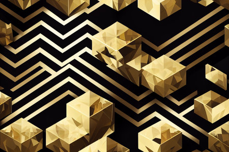 3d illustration of abstract geometric background with gold and black elements.の素材
