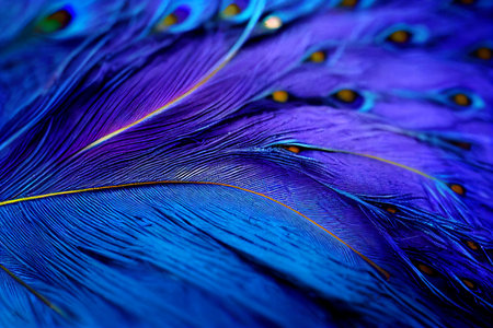 Beautiful peacock feathers as background, closeup. Color of the year 2020.の素材