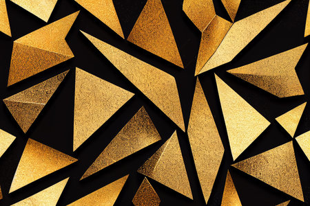 Gold triangle pattern on black background. 3d rendering, 3d illustration.の素材