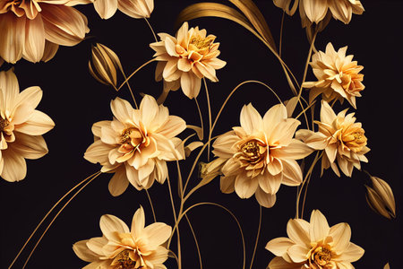 Golden dahlia flowers on black background. Floral pattern.の素材