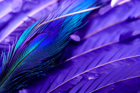 Feathers of a bird on a purple background. Macro.の素材