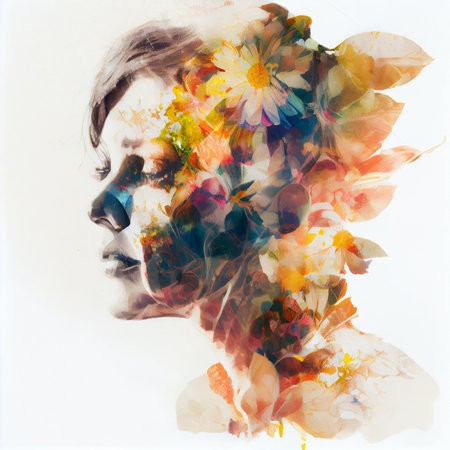 Double exposure portrait of beautiful young woman with flowers in her hair.の素材