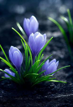 Beautiful crocus flowers growing in the garden. Spring flowers.の素材