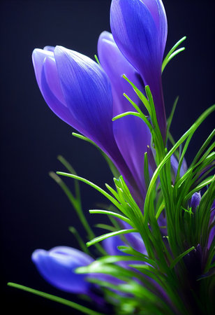Blue crocus flowers on a dark background. Shallow depth of fieldの素材