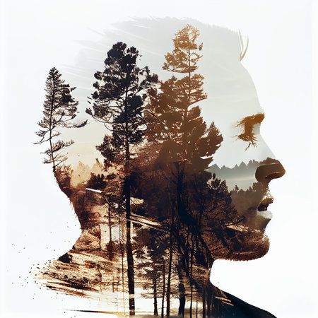 Double exposure of a man's face and forest in the background.の素材