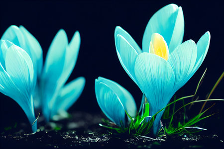 Blue crocus flowers on a black background. Springtime concept.の素材