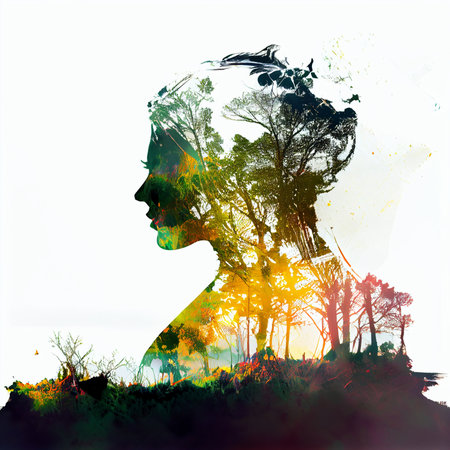 Silhouette of a woman with a tree in the background.の素材