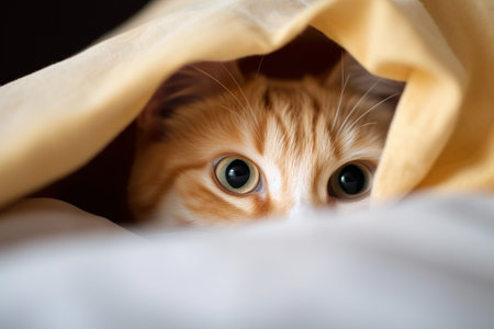 Cute ginger kitten hiding under the blanket. Fluffy pet.の素材