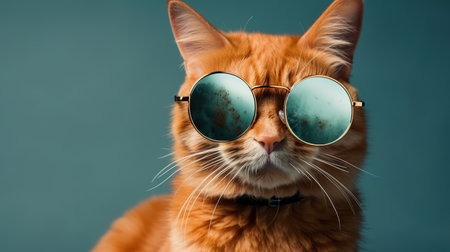 Portrait of a ginger cat wearing sunglasses on a blue background.の素材