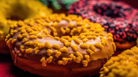 Close-up of glazed donuts with sprinkles on red backgroundの素材