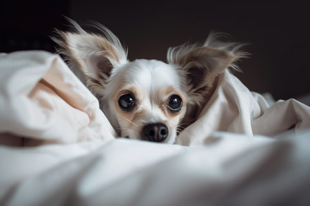 Cute chihuahua dog lying on the bed at homeの素材