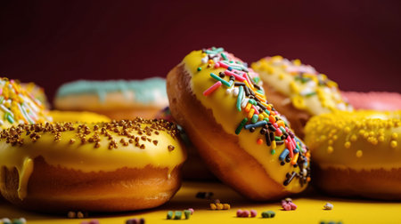 Donuts with icing and colorful sprinkles on a yellow background.の素材