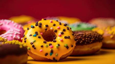 Colorful donuts with sprinkles on a red background. Close up.の素材