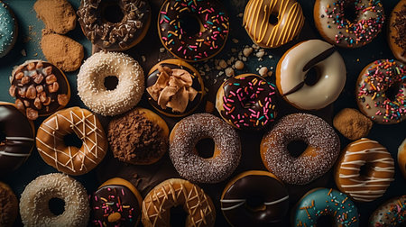 Donuts background. Assorted donuts with chocolate frosted, pink glazed and sprinkles donuts.の素材