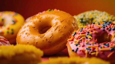 Close up of delicious donuts with sprinkles on colorful background.の素材