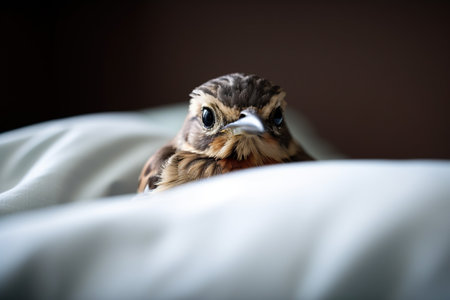 Cute little falcon on the white pillow. Selective focus.の素材